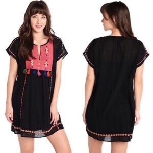 Joie Lucretia Embroidered Tunic Dress Size M Boho Sheer Cap Sleeve Tassels Black
